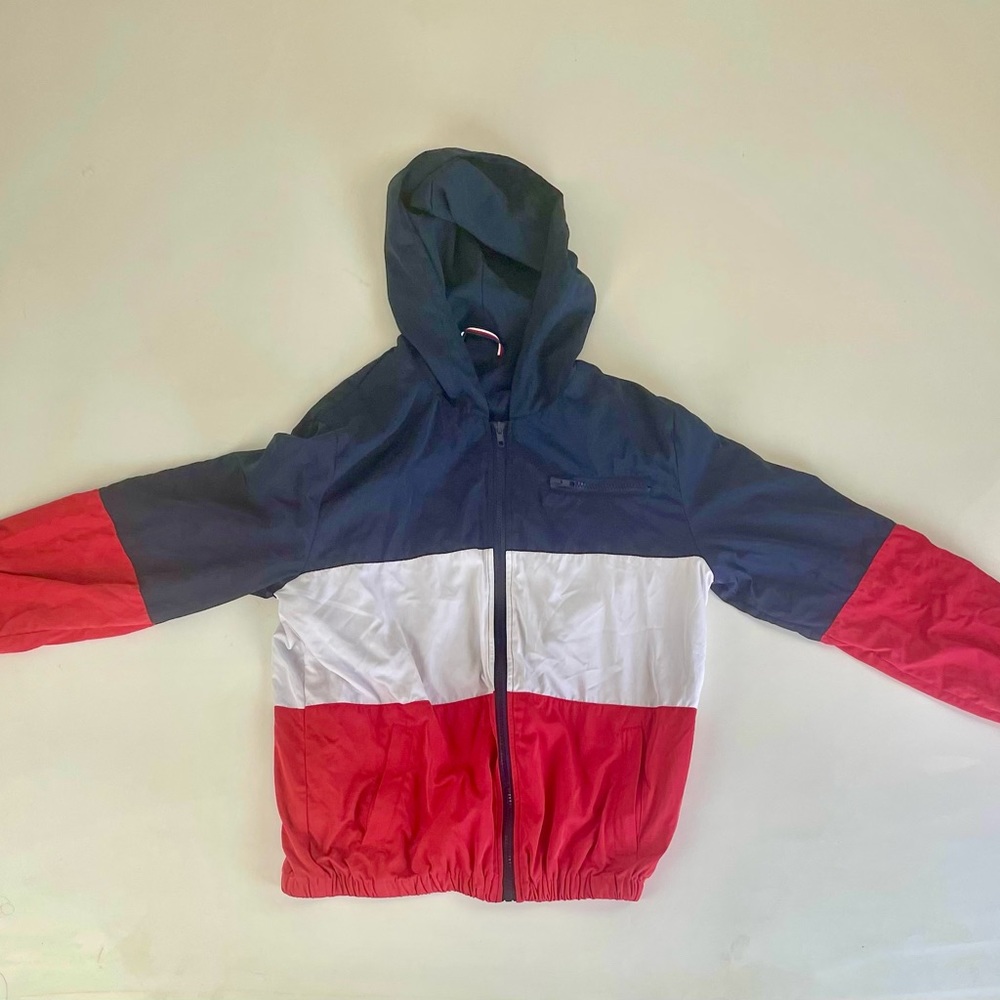 BRANDY MElVILLE RED, WHITE AND BLUE STRIPED COLOURBLOCK WINDBREAKER JACKET